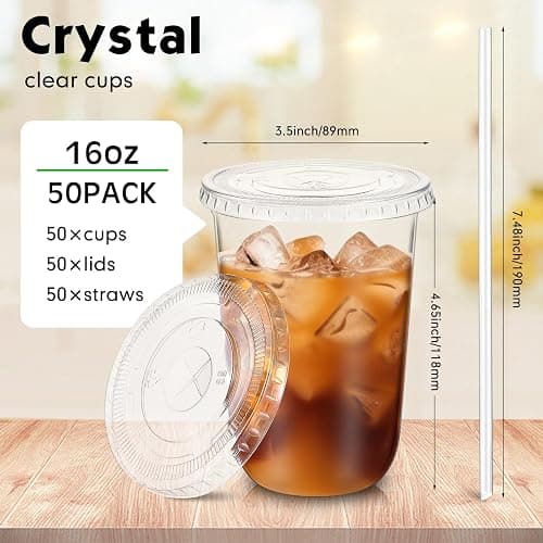 Ziliny 50 Sets Clear Plastic Cups with Lids and Straws, Disposable Iced Coffee Cups Drinking PET for Cold Drinks, Juice, Smoothie, Coffee Shops, Party, Christmas(Clear,16 oz) thumbnail 3