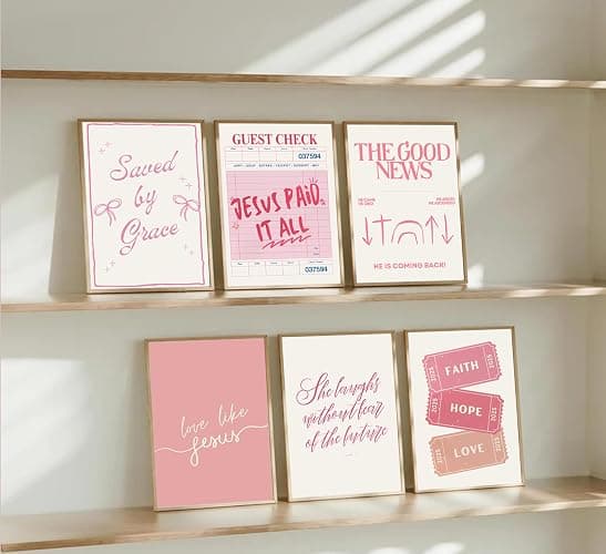 6pcs Pink Christian Bible Wall Art Religious Preppy Painting Picture Wall Decor Pink Christian Encouragement Poster Print Artwork for Bedroom Living Room Office Dorm Room Decoration Unframed thumbnail 5