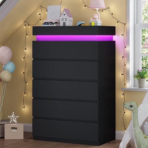 HAUOMS Tall 5 Drawer Dresser with LED Light, Black Modern Chest of Drawers for Bedroom,Closet Dressers with Drawers for Living Room, Entryway, Hallway - Image 1