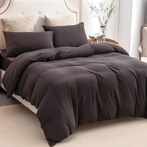 PURE ERA Jersey Knit Duvet Cover Set 100% T-Shirt Cotton Super Soft Comfy 3pc Bedding Set with Zipper Closure (Solid Dark Brown, King) thumbnail 5