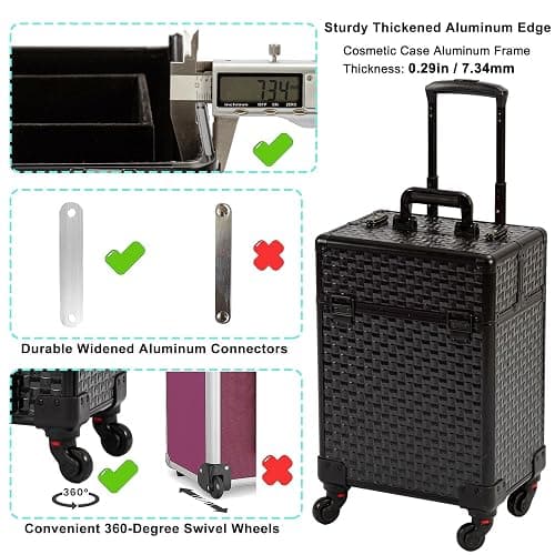AROUS Rolling Makeup Train Case, Large Storage Cosmetic Trolley 4 Tray with 360° Swivel Wheels Keys, Large Storage Traveling Cart Trunk, Cosmetic Train Cases for Nail Technicians Hairstylist, Black thumbnail 6