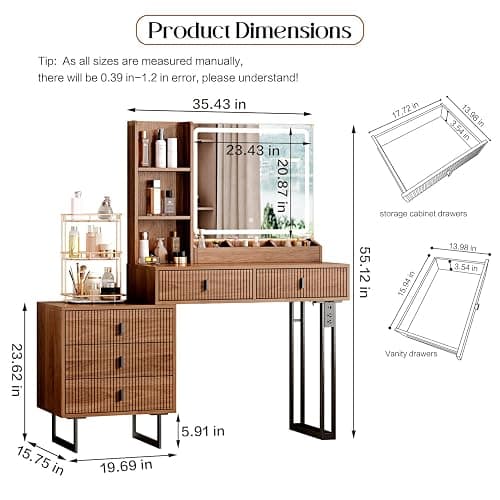 Large Vanity Desk with 3 Color Touch Screen Dimming Mirror, Vanity Desk with Charging Station, Modern Retractable Makeup Dressing Table, Makeup Table With storage shelves and 5 Sliding Drawers, Walnut thumbnail 2