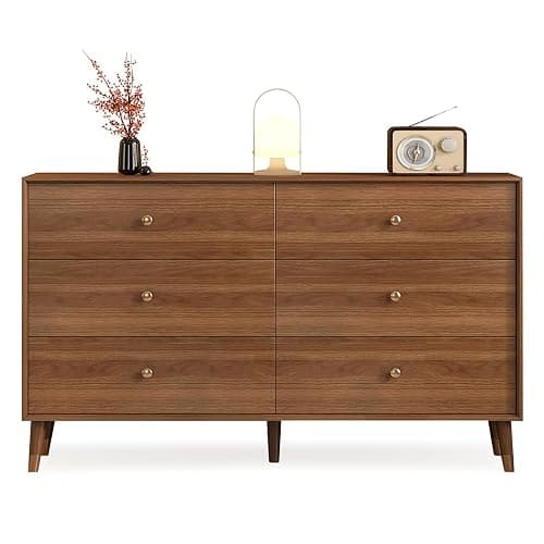 Messenya Dresser for Bedroom, 47 Inch 6 Drawer Wooden Chest of Drawers | FSC Certified Mid Century Modern Walnut Finish Wooden Dresser with Tapered Legs, Easy Assembly, Clearance for Robot Vacuum - Image 1