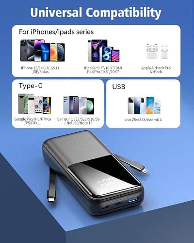 Power Bank Fast Charging, 15000mAh Portable Charger with Built-in Cables, USB-C Powerbank with LED Display & 4 Outputs, Battery Pack Compatible with iPhone 17 16 15 14 13 Android and more, Black thumbnail 6