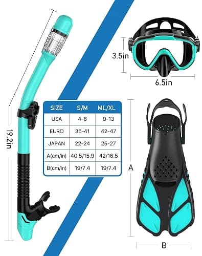 Ubekezele Snorkeling Gear for Adults Men Women,4 in 1 Snorkel Set with Panoramic View Diving Mask Anti-Fog Anti-Leak,Dry Top Snorkel,Fins and Travel Bag for Swimming,Snorkeling and Travel Diving thumbnail 6