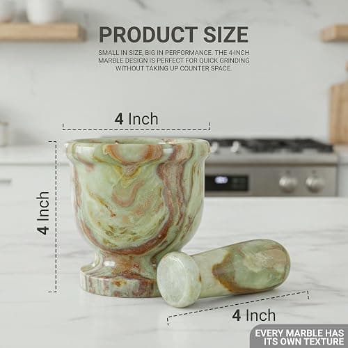 UrbanFocal Marble Mortar and Pestle Set 4" Inch Handmade Hand Grinder for Kitchen Ideal Mortar and Pestle Set Spice Grinder and Garlic Crusher, Green Onyx thumbnail 2