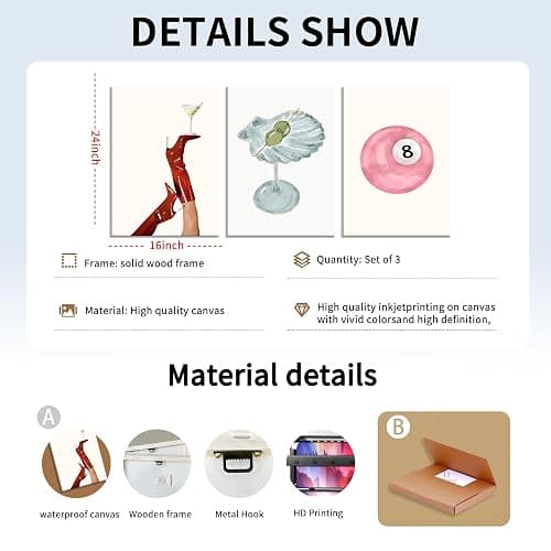 Framed Funky Martini Posters Wall Art Set of 3, Vintage Preppy Aesthetic Canvas Prints, Trendy Pink Number 8 Y2K Girl Room Wall Decor Paintings for Dorm Living Room Dining Room Kitchen 16x24 Inch thumbnail 4