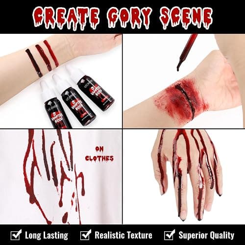 UCANBE 3PCS Halloween Dripping Fake Blood Makeup Kit Realistic Blood Drops Body Paint Washable Fake Blood Set For Zombie Vampire Clown Monster Clothes Costume Cosplay SFX Special Effects Makeup 90ML thumbnail 3