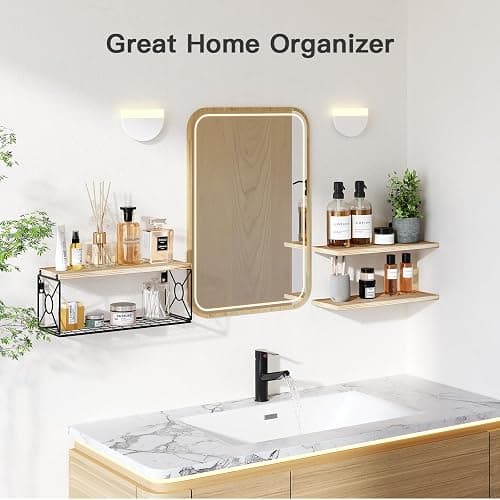 Pipishell Floating Shelves with Wire Strorage Basket, Paulownia Wood Bathroom Shelves for Home Organization & Wall Decor, Bathroom/Kitchen/Living Room/Office Shelves, Set of 3+1, Natural thumbnail 7