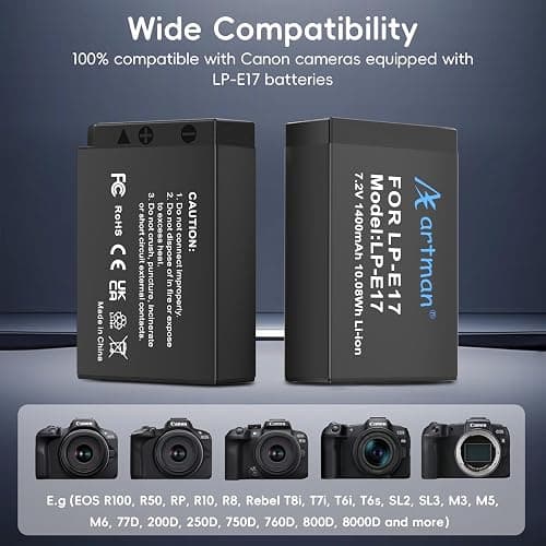Artman LP-E17 Battery 1400mAh (2-Pack) and 1.5H 2-Slot LCD USB-C Fast Charger for Canon EOS R100 R50 RP R10 R8, Rebel T8i T7i T6i T6s SL2 SL3, M3 M5 M6, 77D 200D 250D 750D Camera,Smart Percent Display thumbnail 4