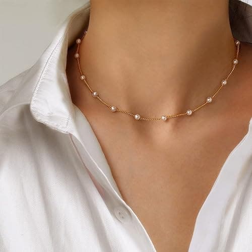 Gold Pearl Necklace for Women, 14K Gold Plated Layered Pearl Necklaces for Women Trendy Simple Herringbone Chain Pearl Necklace for Women Gold Jewelry Gifts thumbnail 4
