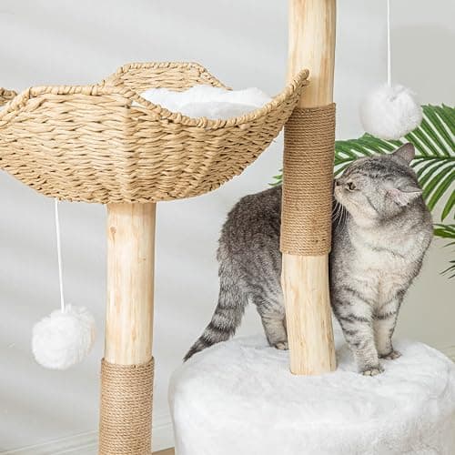PISARRY Cat Tree Tower, 46 inch Modern Cat Tree for Indoor Cats Large Adult, Luxury Cat Condo with Scratching Post, Real Solid Wood Branch Indoor Boho Furniture, Climbing Tower, White thumbnail 5