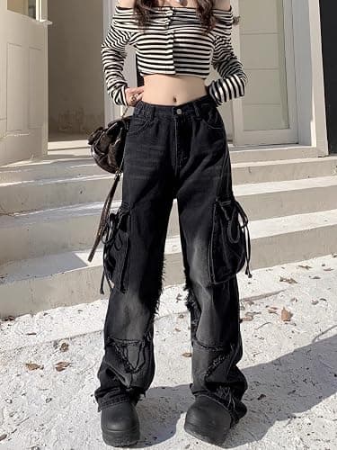 Unisex Y2K Star Patchwork Baggy Jeans – Wide Leg Distressed Denim Pants with Drawstring Waist and Cargo Pockets Streetwear thumbnail 3