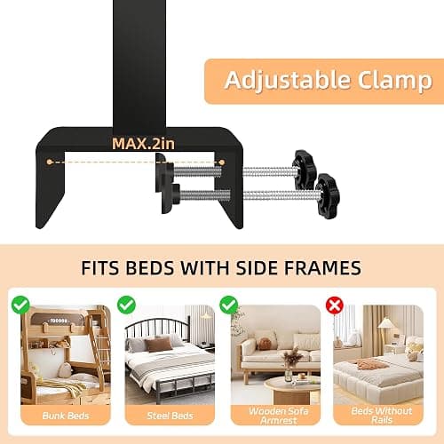 AmaCielo Adjustable Bedside Shelf for Bed, College Dorm Room Essentials, Bamboo Bed Side Tray Table with Sturdy Metal Pole, Clip On Nightstand Organizer for College, Apartment, Bunk Beds thumbnail 7