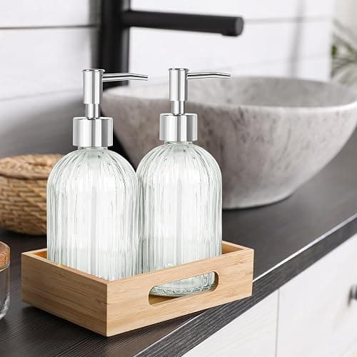 Glass Soap Dispenser with Plastic Pump, Hand Soap Dispenser for Hand Wash, Lotion Dispenser for Dishwashing Liquid, Lotion Shower Gel (Striped Transparent) thumbnail 8