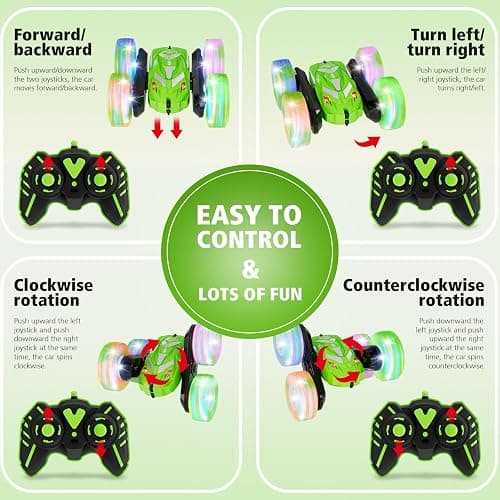 Amicool Remote Control Car for Boy 6-12 with Flashing Light, 6 7 8 9 Years Old Boy Toys, Race RC Cars Stunt Drift 4WD 2.4Ghz Double Sided 360° Flip, Boys Gift Idea for Kids Birthday Christmas, Green thumbnail 7