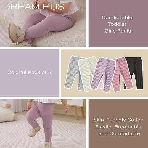 DREAM BUS 5 Pack Toddler Girl Pants Baby Girl Solid Ribbed Pants Toddler Girls Bottoms Leggings Newborn Cotton Jogger thumbnail 4