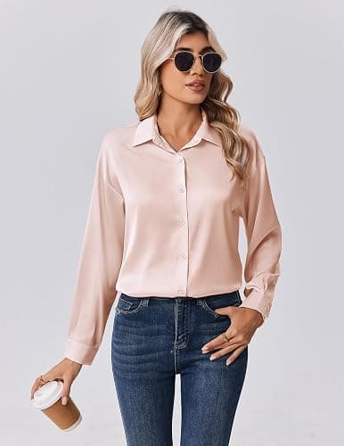 Zeagoo Womens Tops Long Sleeve Satin Silk Button Down Shirts Casual Business Dressy Blouses Fall Clothes thumbnail 2