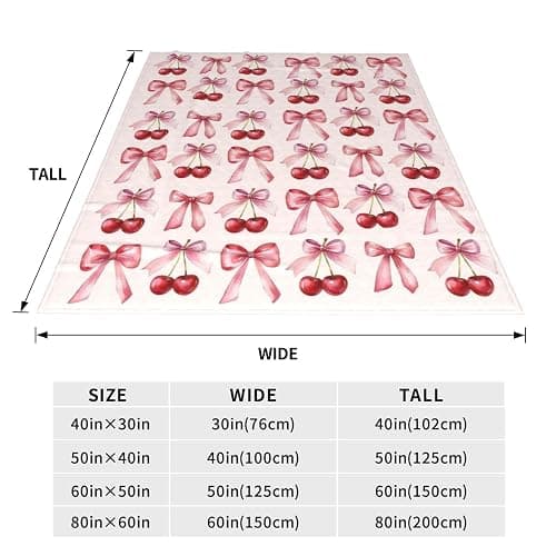 Pink Bow Cherry Coquette Throw Blanket Preppy Cute Aesthetic Flannel Blanket 40"X30" Soft Cozy Warm Bed Blanket for Home Decor Dorm Living Room Bedroom Bed Sofa Travel Camping,Women Girls Gifts thumbnail 3