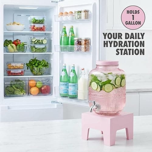 Beverage Dispenser 1 Gallon, Glass Drink Dispenser with Wooden Base Stand, Wide Mouth Jar for Lemonade, Iced Tea, Infused Water, Vintage Kitchen Decor - Pink thumbnail 6