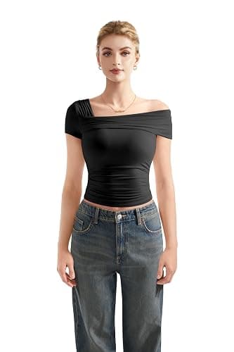 SUUKSESS Women One Off The Shoulder Summer Tank Tops Ruched Short Sleeve Shirts thumbnail 4