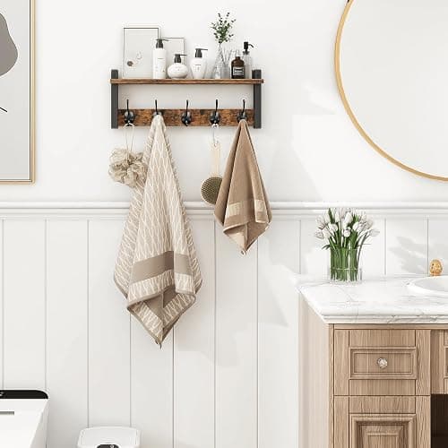Homode Wall Hooks with Shelf, Wood Coat Rack with Shelf Wall-Mounted, Entryway Hanging Shelves with 5 Metal Hooks for Clothes Hats Towel Purse Robes, Bathroom Mudroom Bedroom, Rustic Brown Black thumbnail 2
