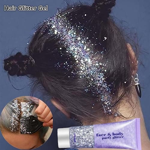 Go Ho Silver Face Body Glitter Gel,Singer Concerts Silver Face Paint Makeup,Holographic Chunky Glitters for Hair/Lip/Nails on Party Halloween Makeup,Festival Rave Accessories,52g thumbnail 5