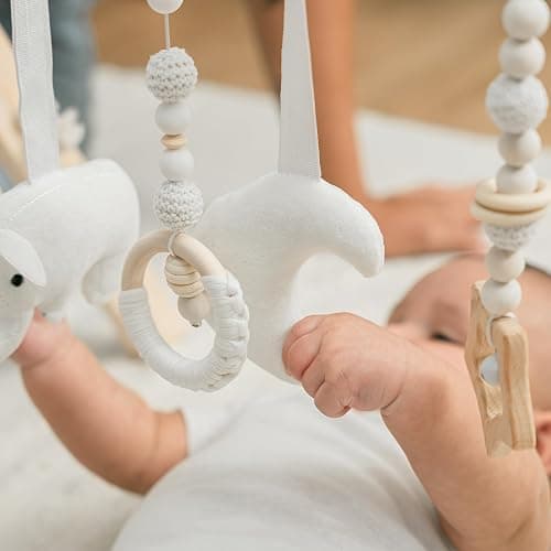 Comfy Cubs Wooden Baby Play Gym - Natural Finish Pinewood Baby Activity Gym with 5 Sensory Hanging Toys - Easy No-Tool Assembly, Safe and Durable for Infant Motor and Visual Development - Natural Wood thumbnail 5