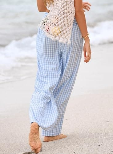 Dokotoo Women's Fall Gingham Wide Leg Casual Pants 2026 | High Waisted,Maternity Trousers,Lounge Palazzo Pants,Elastic Wasited,Boho Beach Clothes with Pockets,Home,Office with Pockets thumbnail 6