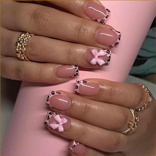 Press on Nails Medium Square Leopard French Tip Fake Nails with Bow Desings Nude Glue on Nails Glossy False Nails Press ons Acrylic Stick on Nails for Women 24 Pcs - Image 1