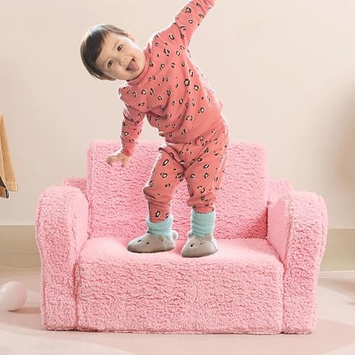 MOMCAYWEX Kids Chairs for Toddler, 2-in-1 Toddler Soft Sherpa Couch Fold Out, Convertible Sofa to Lounger for Girls and Boys, Pink - Pink - Medium thumbnail 4