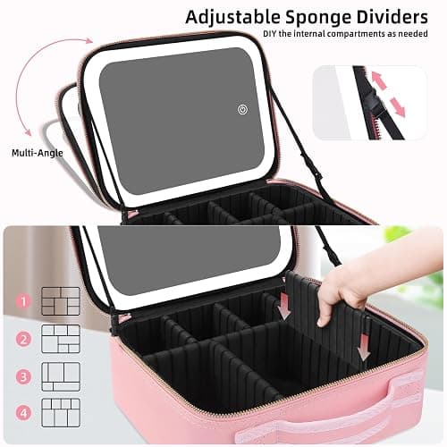 RRtide Makeup Bag with Mirror of LED Lighted, Travel Makeup Train Case Cosmetic Bag Organizer with Mirror and Lights, Make up Bag with Light up Mirror Adjustable Divider Brush Board thumbnail 4