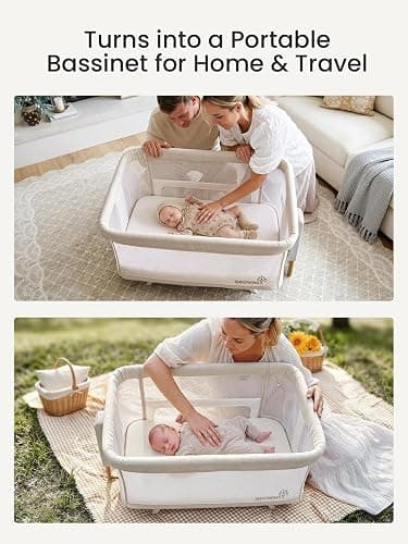 GROWNSY 5-in-1 Baby Bassinet Bedside Sleeper with Gentle Manual Rocking | 6 Adjustable Heights, Full Breathable Mesh, Convertible to Portable Crib, Bassinets with Mattress & Wheels, Beige thumbnail 6