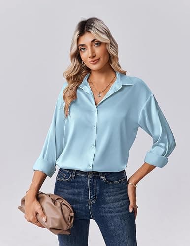 Zeagoo Womens Tops Long Sleeve Satin Silk Button Down Shirts Casual Business Dressy Blouses Fall Clothes thumbnail 3
