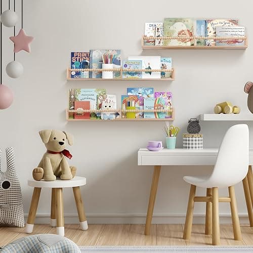 birola Nursery Book Shelves for Kids Rooms - 32 Inches Floating Wall Bookshelves Set of 3, Space-Saving Nursery Shelves with Beads Design for Kids Room, Bedroom and Study Room(Natural) thumbnail 5