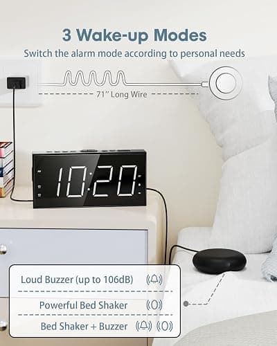 Loud Alarm Clock with Bed Shaker for Heavy Sleeper, Dual Vibrating Alarm Clock with USB Charger for Hard of Hearing/Deaf, 7.5’’ Large LED Display with Dimmer, Snooze, 12/24H & Battery Backup thumbnail 4