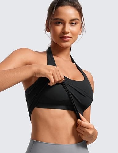 CRZ YOGA Butterluxe Women's Halter Neck Sports Bra Padded Longline Yoga Bras Workout Sport Crop Top with Built in Shelf Bra thumbnail 5