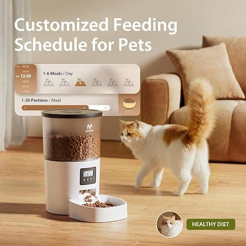 IMIPAW Automatic Cat Feeders, Timed Cat Dry Food Dispenser with Desiccant Bag, Dual Power Supply, Programmable Portion Size, 6 Meals, 20 Portions Per Day, Auto Pet Feeder for Cats and Small Dog, White thumbnail 2