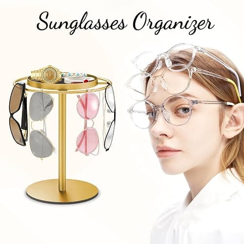 LSK Metal Sunglass Organizer, Glasses Holder Stand with Storage Tray, Gold Sunglass Holder with Non-Slip Pad for Nightstand, Tabletop, Desk, Dresser, Hanging Up to 9 Pairs Sunlasses/Reading Glasses thumbnail 6