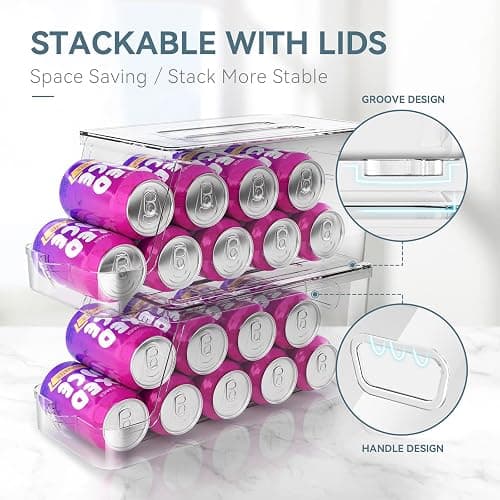 Soda Can Dispenser for Refrigerator with Lids, Stackable Drink Organizer for Fridge, Clear Plastic Refrigerator Organizer Bins, Beverage Can Holders for Pantry, Freezer, Kitchen, Cabinets Set of 2 thumbnail 3