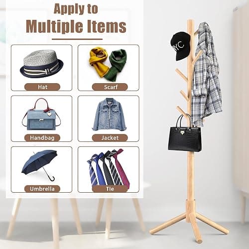 Haddockway 3 Adjustable Freestanding Wooden Coat Rack Stand 8 Hooks,Hallway thumbnail 6