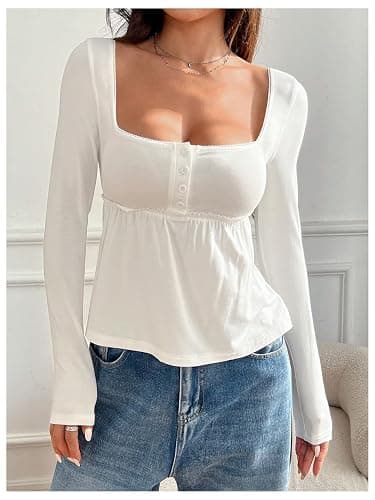 SOLY HUX Women's Babydoll Tops Long Sleeve Henley Shirts Cute Square Neck Coquette Peplum Top thumbnail 2