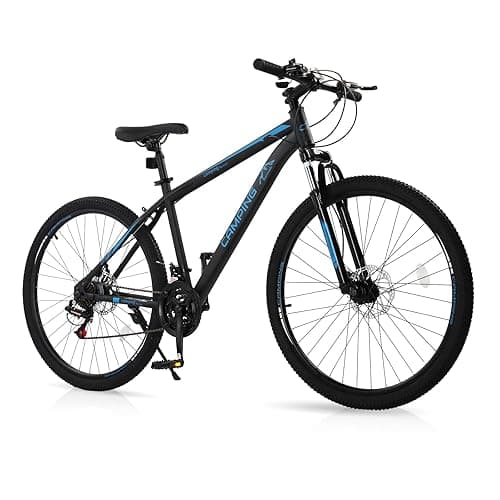 CamPingSurvivals 26/27.5" Mountain Bike 21 Speed Bikes for Adults, Men & Women Mountain Bike with High Carbon Steel Frame, All-Terrain Tires, Double Disc Brake and Suspension Fork - Blue - 27.5"