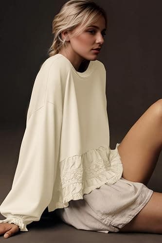 Burtell Crew Neck Crop Oversized Sweatshirts For Women Casual Long Puff Sleeve Babydoll Tops Loose Lace Patchwork Peplum Top thumbnail 3