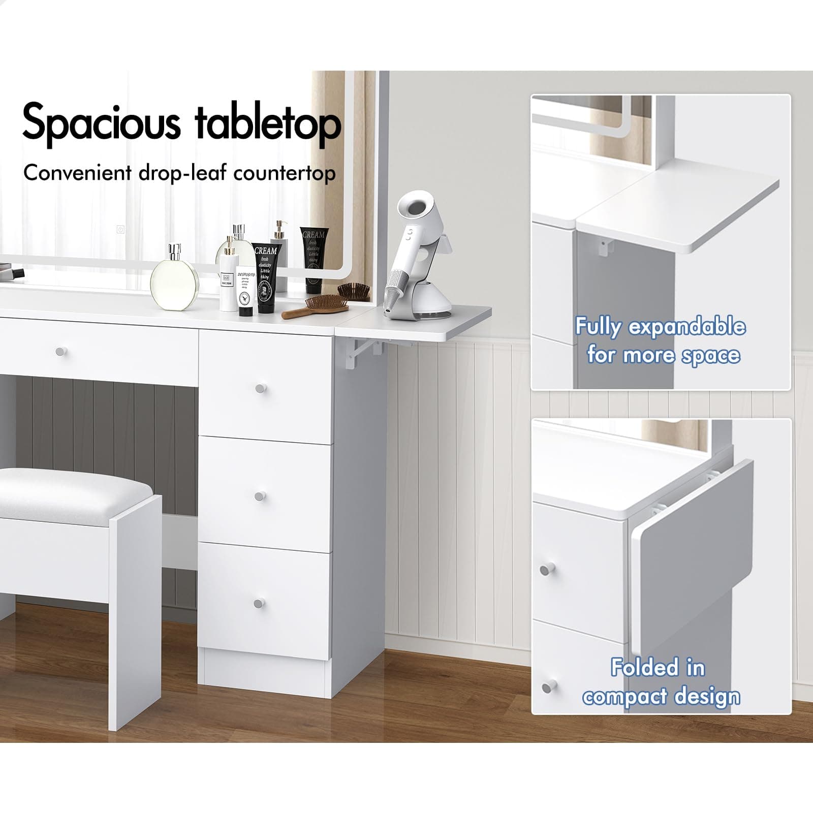 ALFORDSON Vanity Dressing Table Chair Set with LED Mirror, 140cm Dress Table and Matching Stool Sets, Makeup Desk with Extendable Countertop, White thumbnail 4