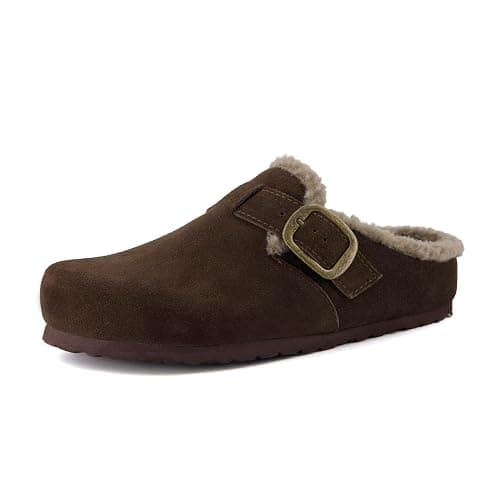 CUSHIONAIRE Haven Genuine Leather Clogs for Women – Faux Fur Lined Slip-On Womens Shoes with Cork Footbed and Adjustable Buckle thumbnail 9
