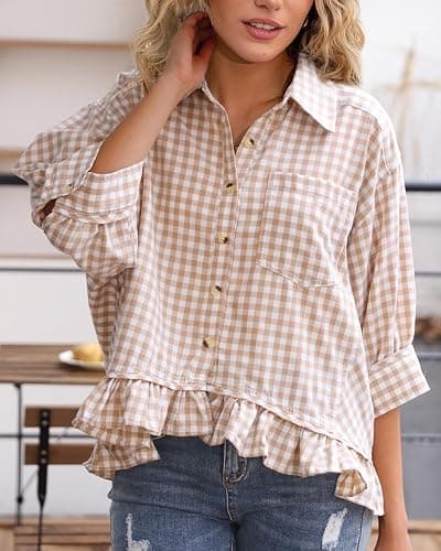 CHYRII Womens Summer Tops Dressy Casual Blouse Top Ruffled Short Sleeve Button Down Striped Shirt thumbnail 2