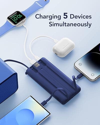 VRURC Portable Charger Buile-in 4 Cables 10000mAh, SlimPower Bank, 5 Output 2 Input Battery Pack, Built-in Micro & USB C Cables Compatible with iPhone 17,Samsung,Android-Navy Blue(1 Pack) thumbnail 4