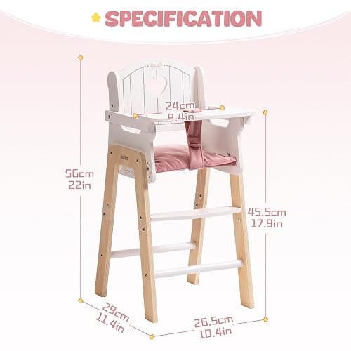 ROBUD Play High Chair, Pretend Play High Chair | with Cushion, Movable Table, Wooden Baby Doll Accessories, Fits 18-20 Inch Dolls, White thumbnail 3