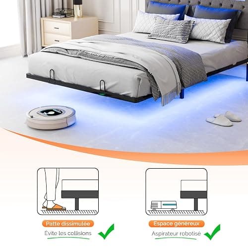 Bonnlo Lit 140 x 190 avec Sommier, Lit 2 Personnes Flottant avec Éclairage LED et Ports USB/Type-C, Tête de Lit Tapissée avec Rangement, Structure Stable en Métal, Tissu en Lin Gris thumbnail 6